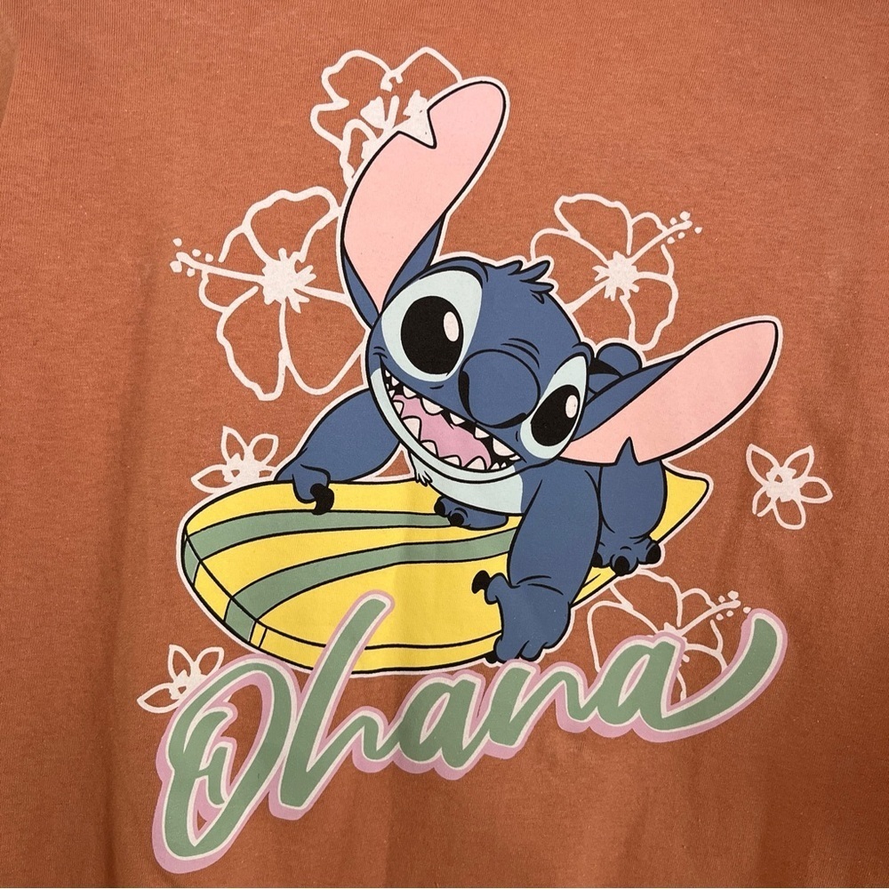 DISNEY, STITCH TEE SHIRT, Logo Front & Back, Adult L, Peach/Coral, Cropped Ohana - Picture 5 of 9